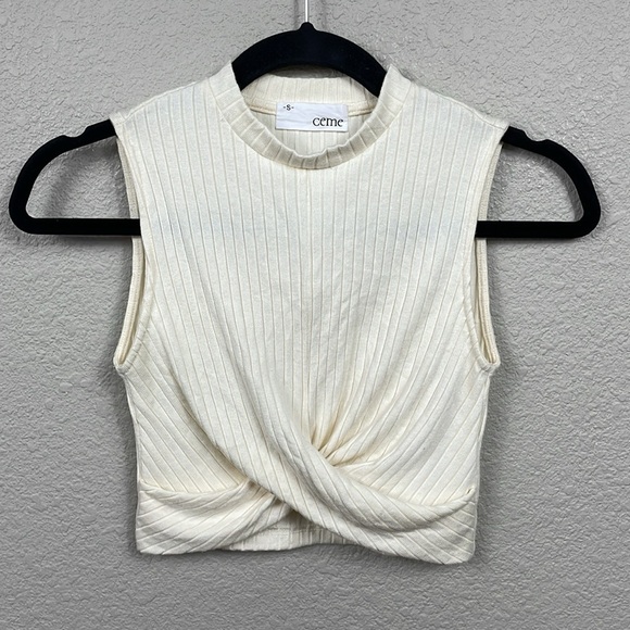 New Ceme Rib Knit Twist Hem Crop Top Sleeveless Cream Sz S - Picture 1 of 6
